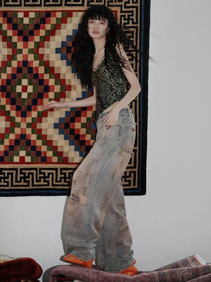 badtaste Western Hand Beaded Distressed Ripped Low Waist Women's Denim Wide-leg Jeans