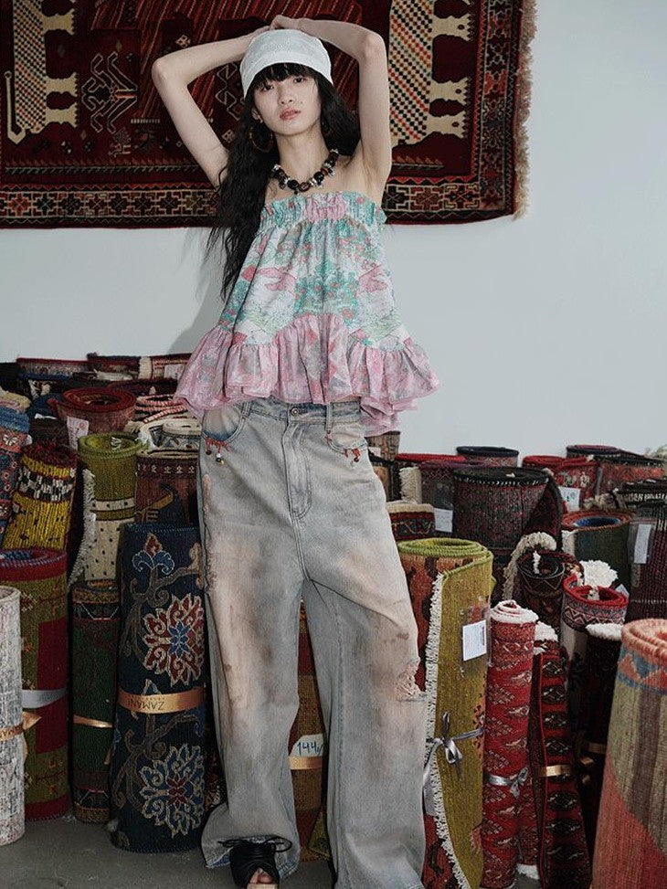 badtaste Western Hand Beaded Distressed Ripped Low Waist Women's Denim Wide-leg Jeans