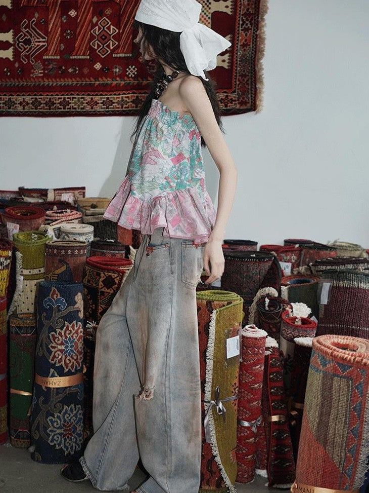 badtaste Western Hand Beaded Distressed Ripped Low Waist Women's Denim Wide-leg Jeans