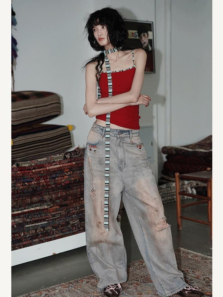 badtaste Western Hand Beaded Distressed Ripped Low Waist Women's Denim Wide-leg Jeans