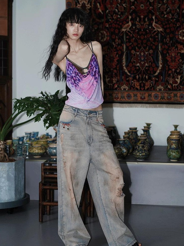 badtaste Western Hand Beaded Distressed Ripped Low Waist Women's Denim Wide-leg Jeans