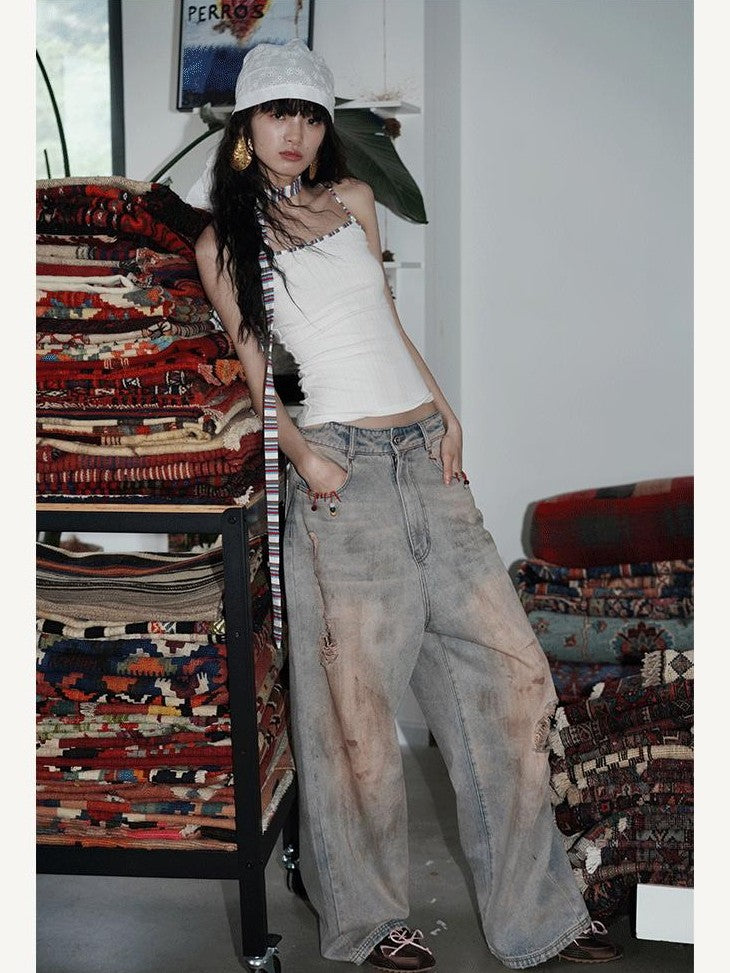 badtaste Western Hand Beaded Distressed Ripped Low Waist Women's Denim Wide-leg Jeans