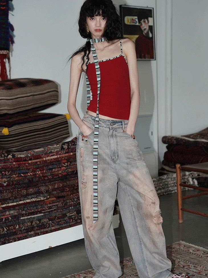 badtaste Western Hand Beaded Distressed Ripped Low Waist Women's Denim Wide-leg Jeans