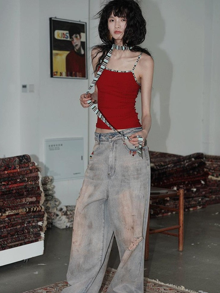 badtaste Western Hand Beaded Distressed Ripped Low Waist Women's Denim Wide-leg Jeans