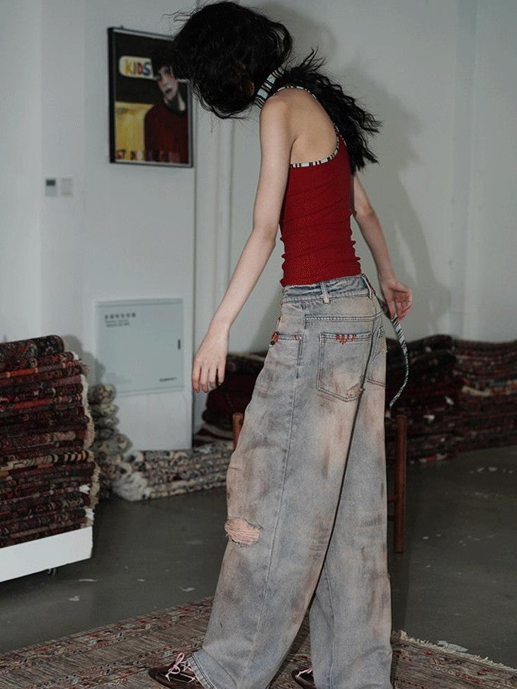 badtaste Western Hand Beaded Distressed Ripped Low Waist Women's Denim Wide-leg Jeans