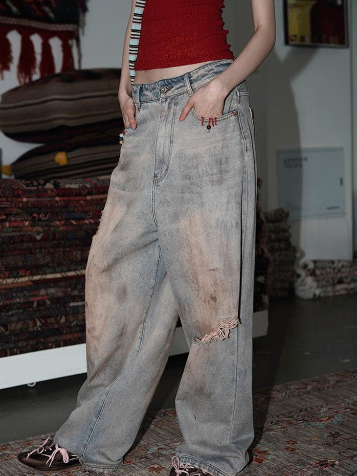 badtaste Western Hand Beaded Distressed Ripped Low Waist Women's Denim Wide-leg Jeans