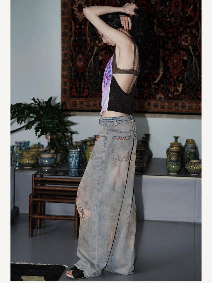 badtaste Western Hand Beaded Distressed Ripped Low Waist Women's Denim Wide-leg Jeans