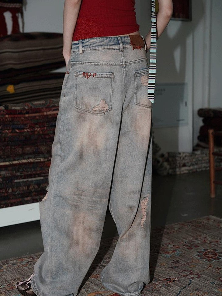 badtaste Western Hand Beaded Distressed Ripped Low Waist Women's Denim Wide-leg Jeans