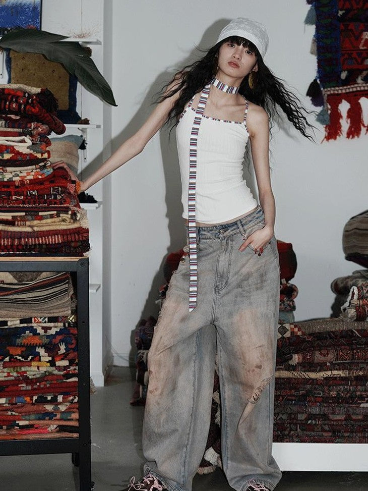 badtaste Western Hand Beaded Distressed Ripped Low Waist Women's Denim Wide-leg Jeans