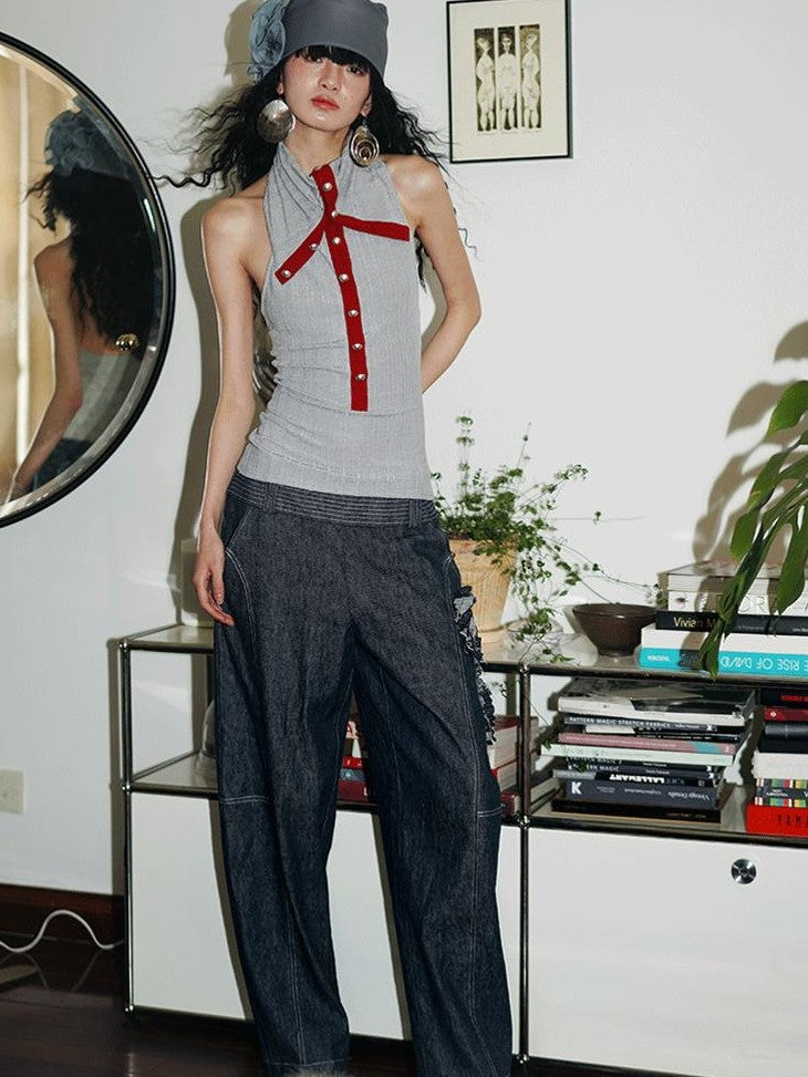 badtaste Western Handcrafted Floral Embroidery Women's Cotton Linen Baggy Jeans