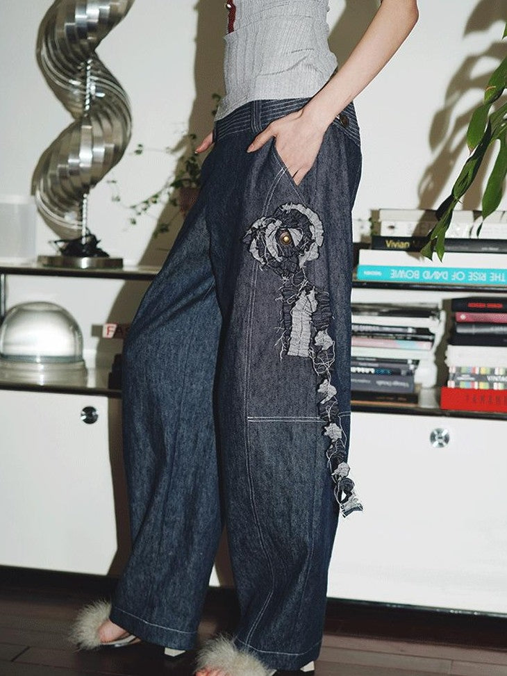 badtaste Western Handcrafted Floral Embroidery Women's Cotton Linen Baggy Jeans