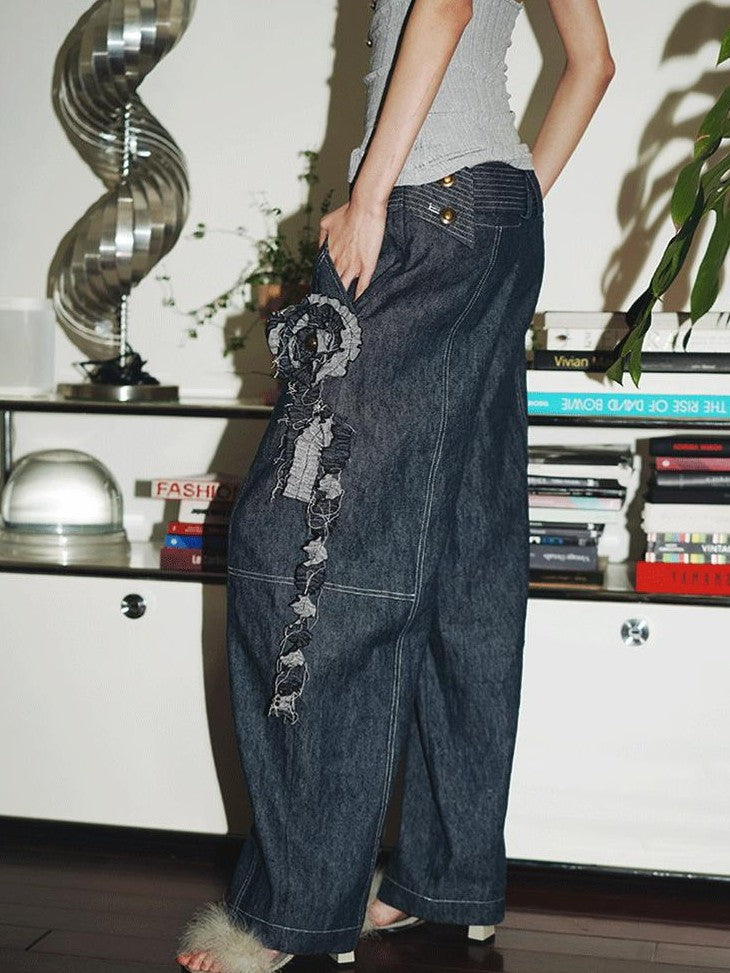 badtaste Western Handcrafted Floral Embroidery Women's Cotton Linen Baggy Jeans