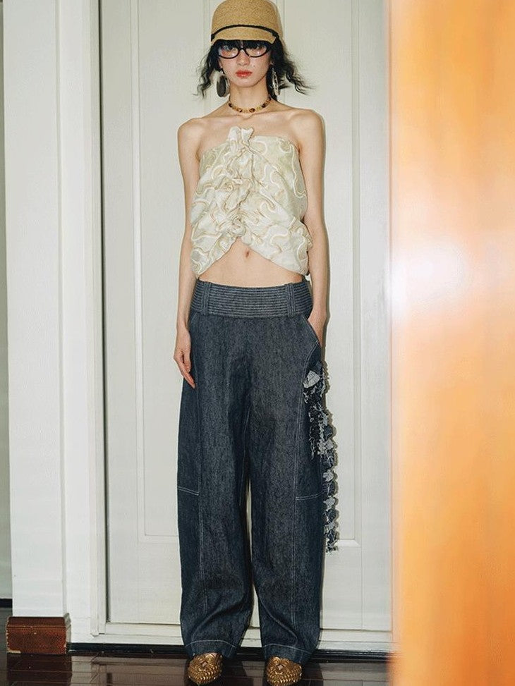 badtaste Western Handcrafted Floral Embroidery Women's Cotton Linen Baggy Jeans
