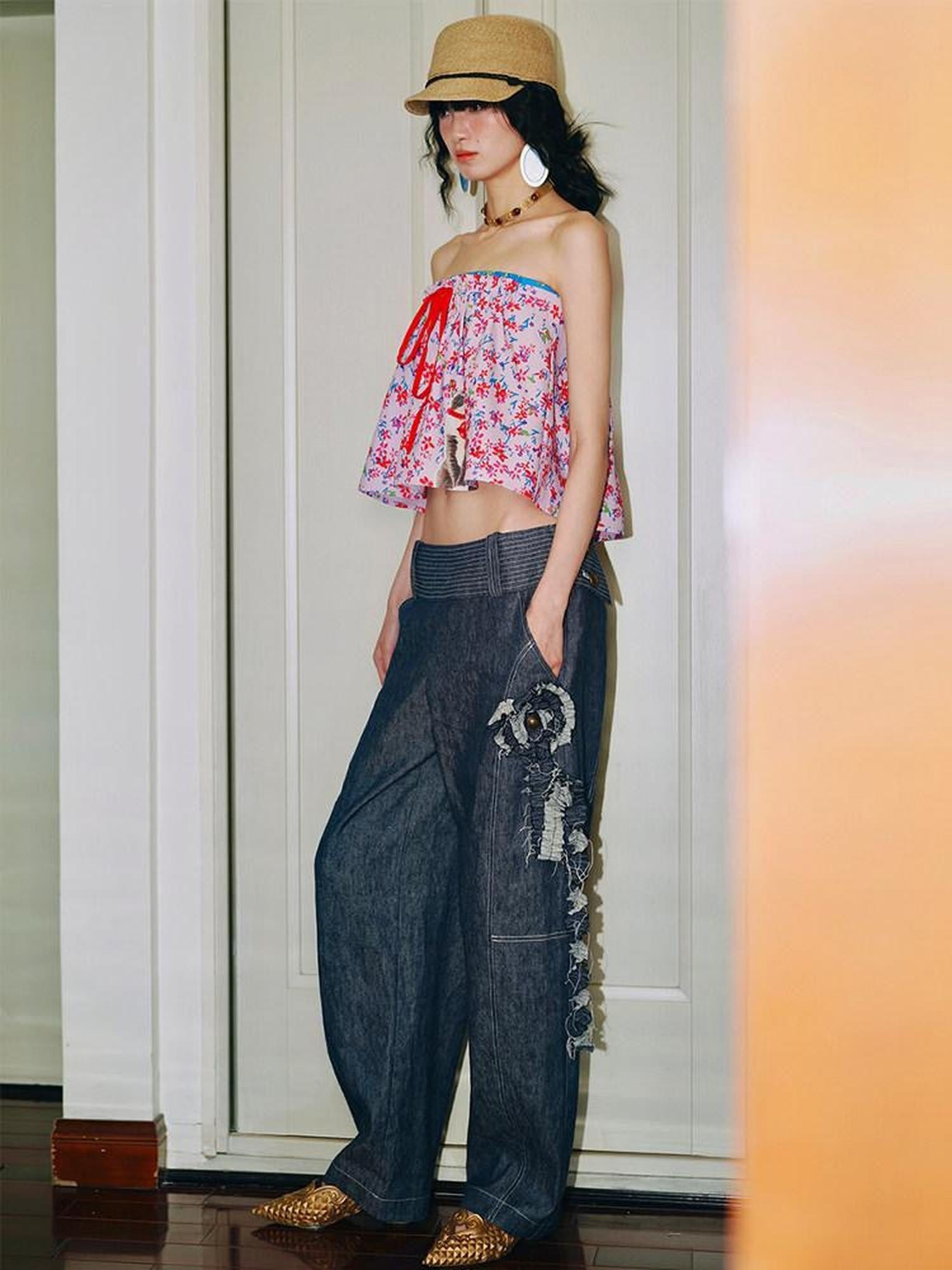 badtaste Western Handcrafted Floral Embroidery Women's Cotton Linen Baggy Jeans