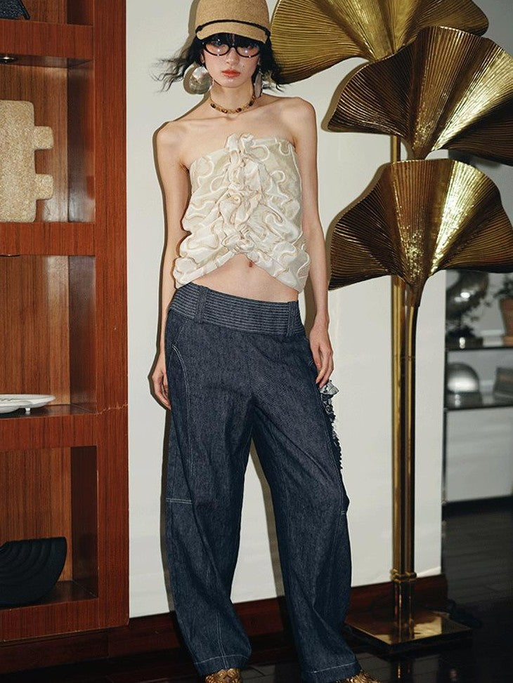 badtaste Western Handcrafted Floral Embroidery Women's Cotton Linen Baggy Jeans