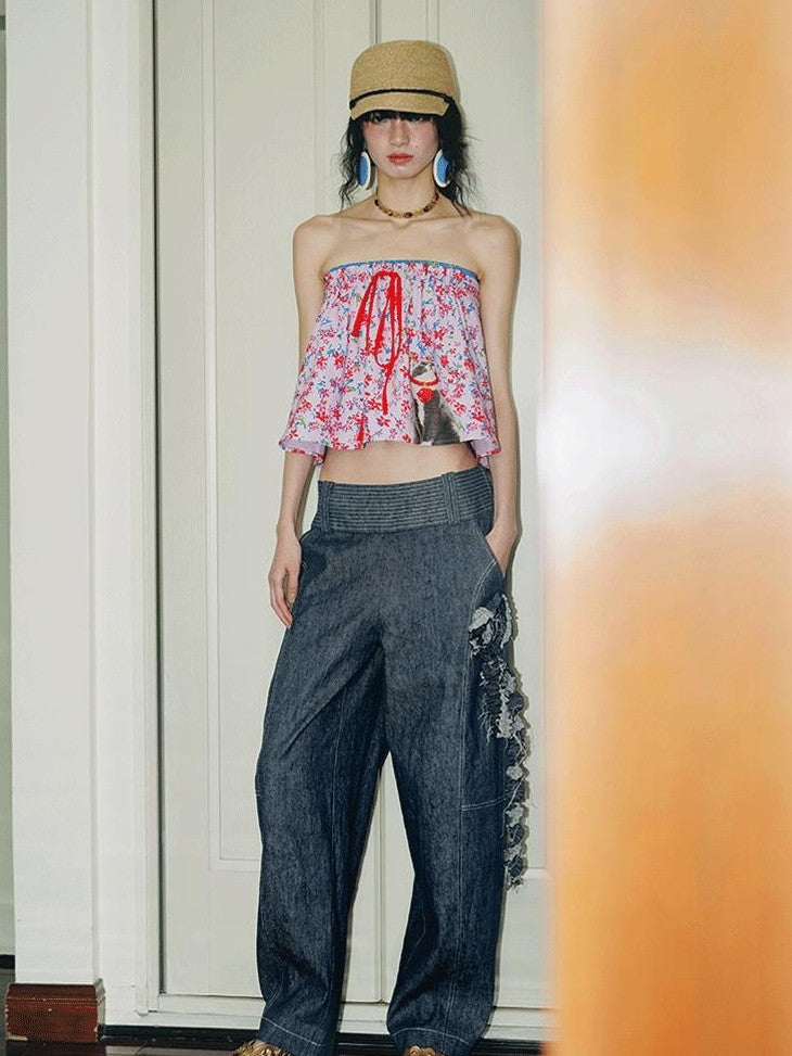badtaste Western Handcrafted Floral Embroidery Women's Cotton Linen Baggy Jeans