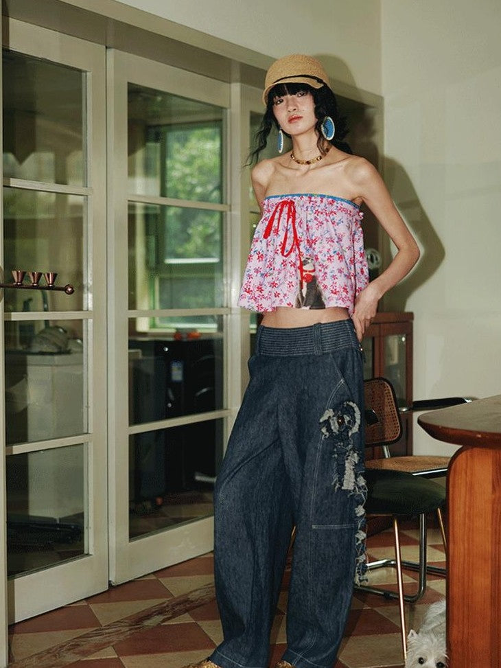 badtaste Western Handcrafted Floral Embroidery Women's Cotton Linen Baggy Jeans