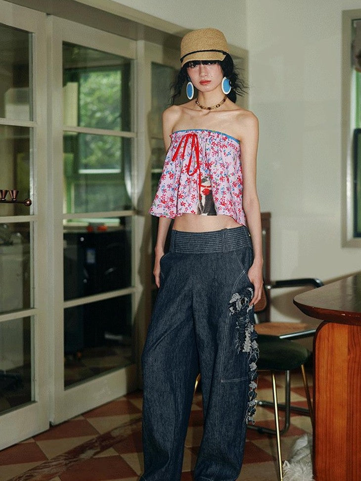 badtaste Western Handcrafted Floral Embroidery Women's Cotton Linen Baggy Jeans