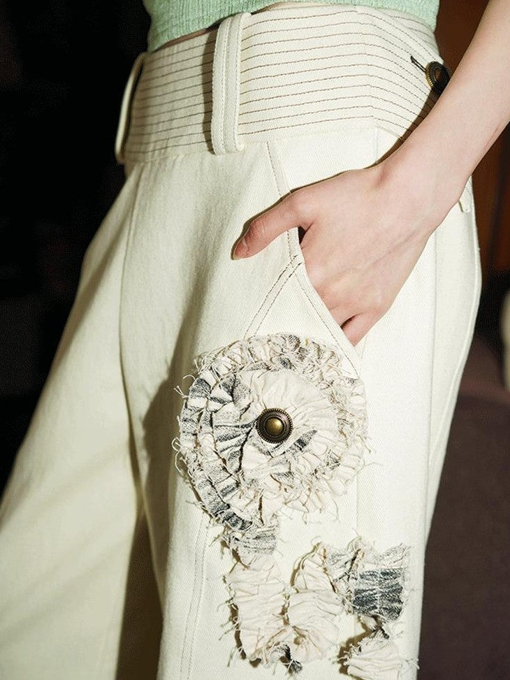 badtaste Western Handcrafted Floral Embroidery Women's Cotton Linen Baggy Jeans