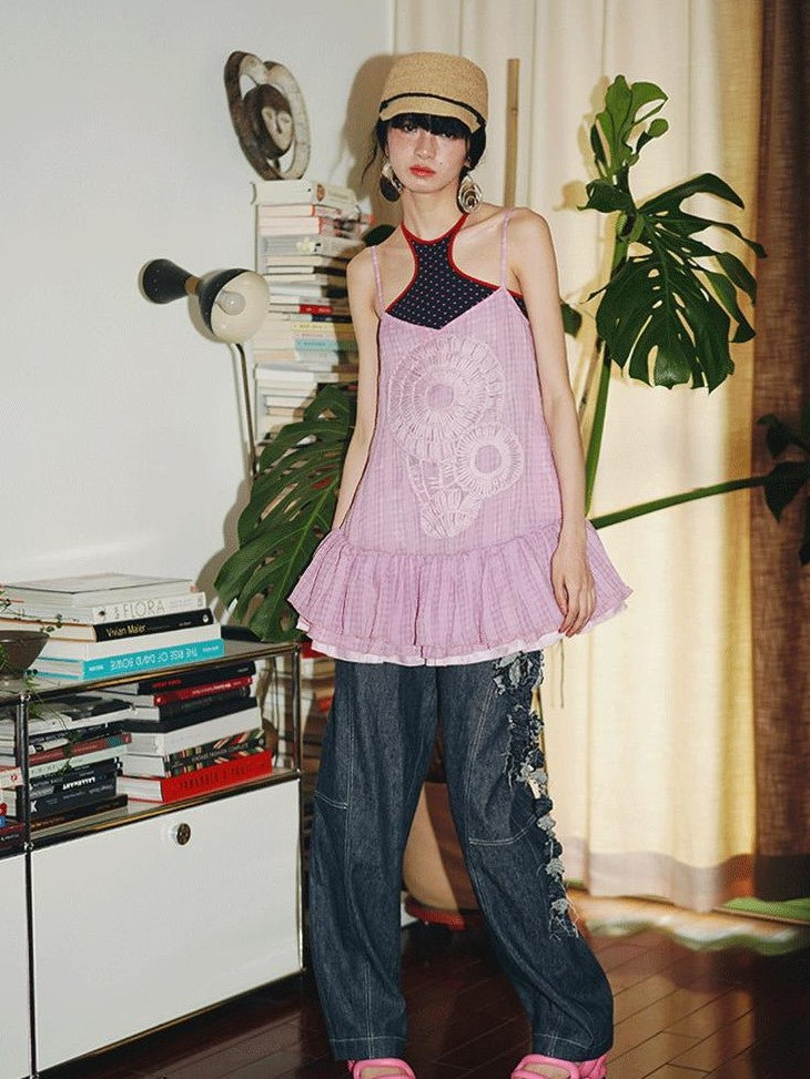 badtaste Western Handcrafted Floral Embroidery Women's Cotton Linen Baggy Jeans
