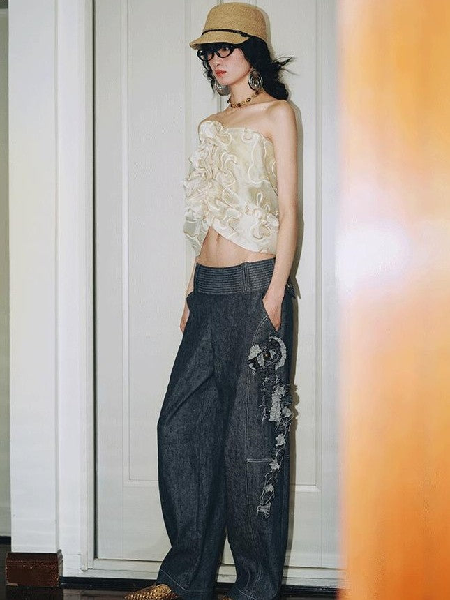 badtaste Western Handcrafted Floral Embroidery Women's Cotton Linen Baggy Jeans
