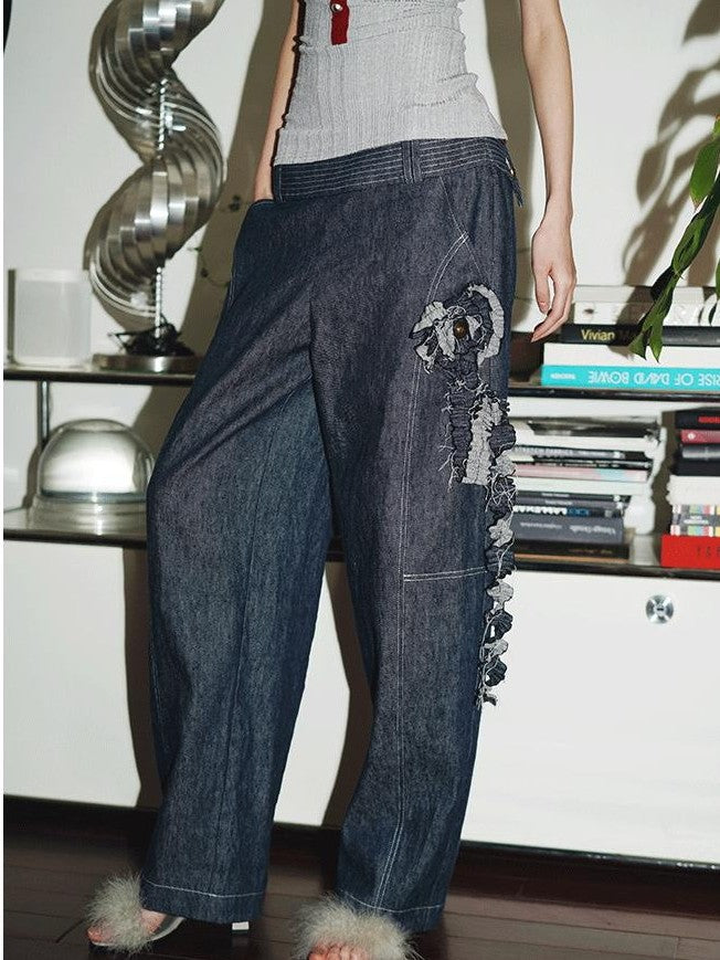 badtaste Western Handcrafted Floral Embroidery Women's Cotton Linen Baggy Jeans