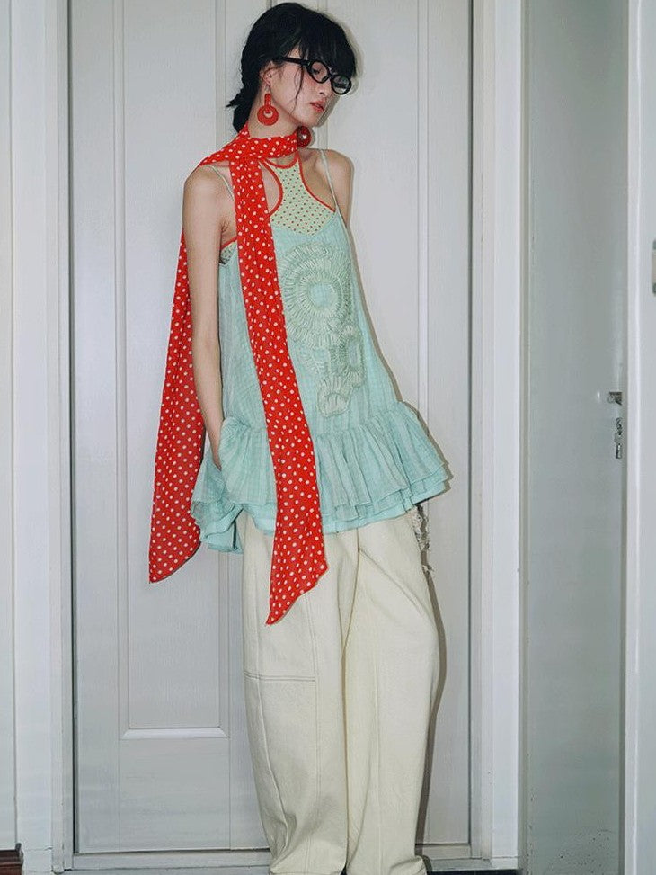 badtaste Western Handcrafted Floral Embroidery Women's Cotton Linen Baggy Jeans