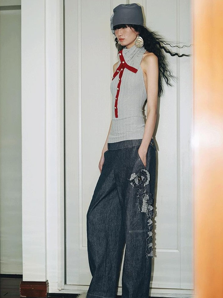 badtaste Western Handcrafted Floral Embroidery Women's Cotton Linen Baggy Jeans