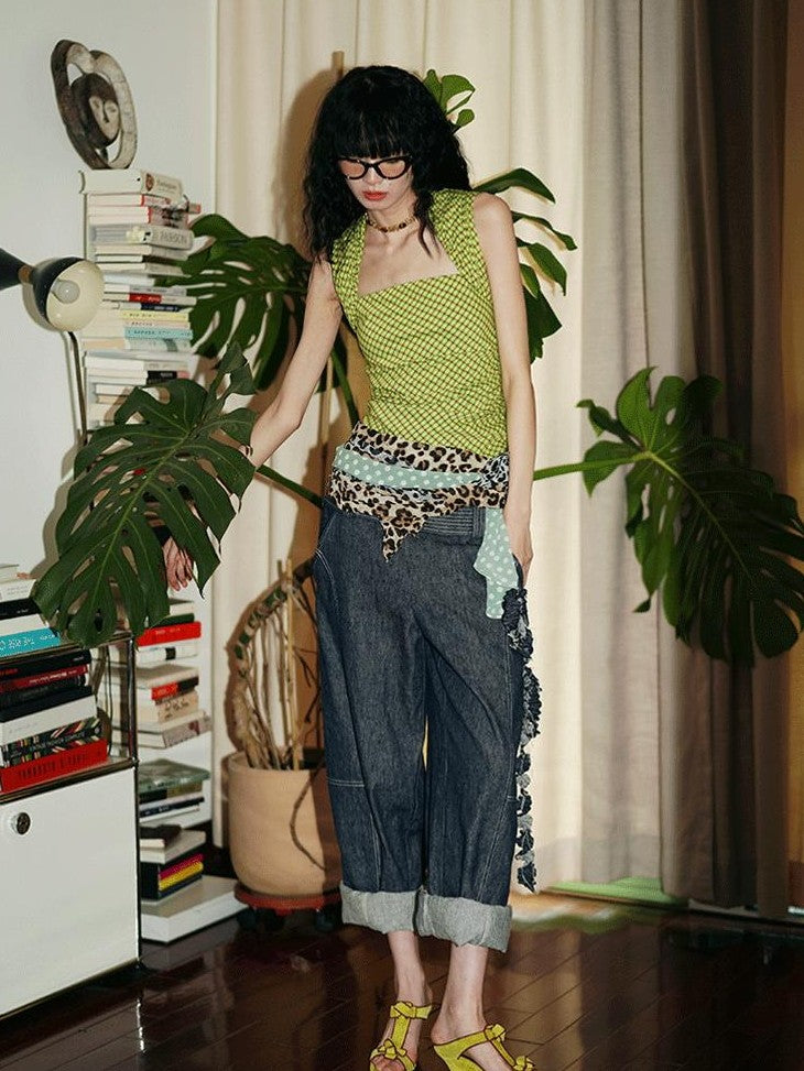 badtaste Western Handcrafted Floral Embroidery Women's Cotton Linen Baggy Jeans