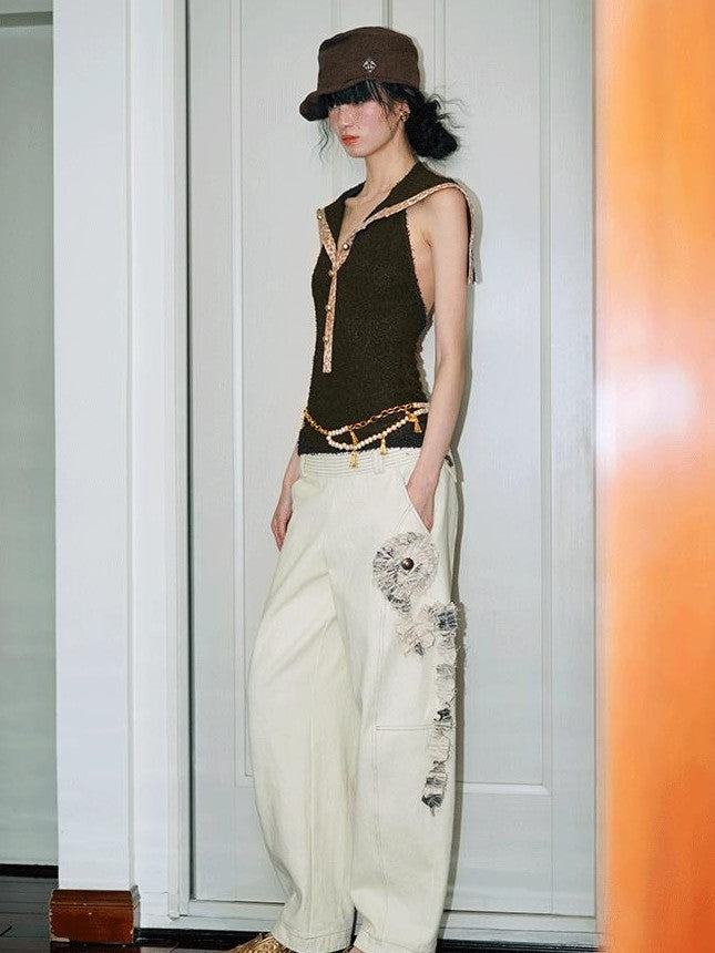 badtaste Western Handcrafted Floral Embroidery Women's Cotton Linen Baggy Jeans