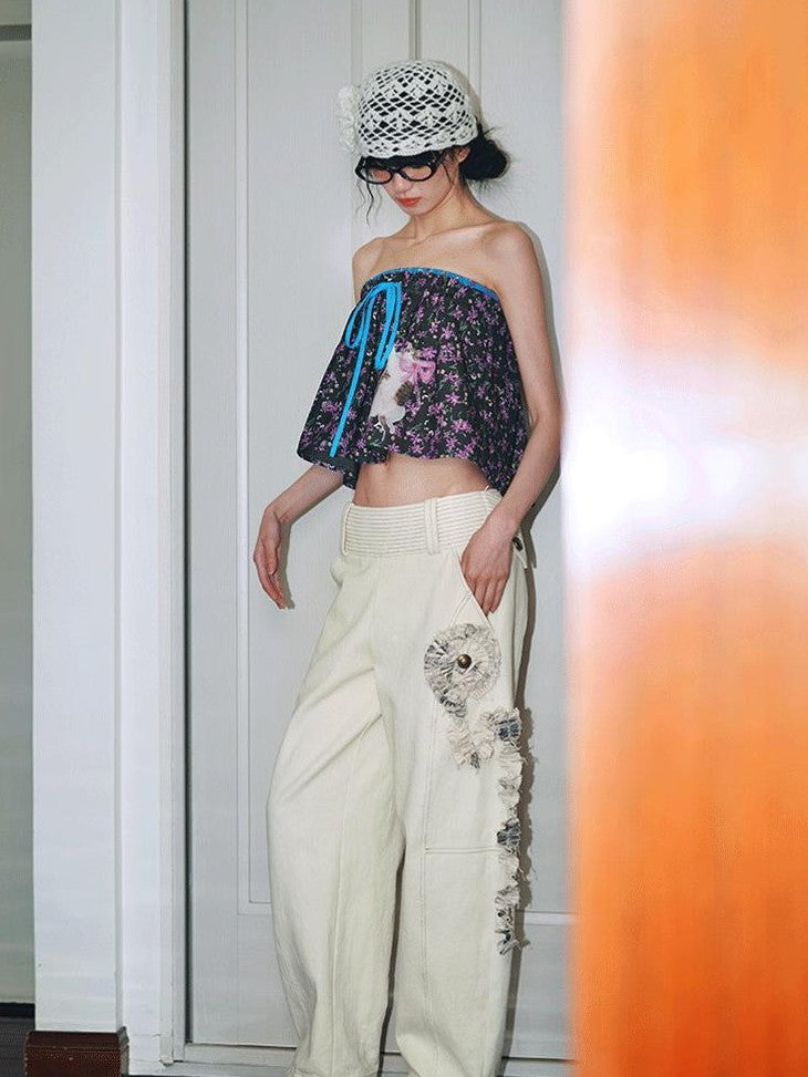 badtaste Western Handcrafted Floral Embroidery Women's Cotton Linen Baggy Jeans