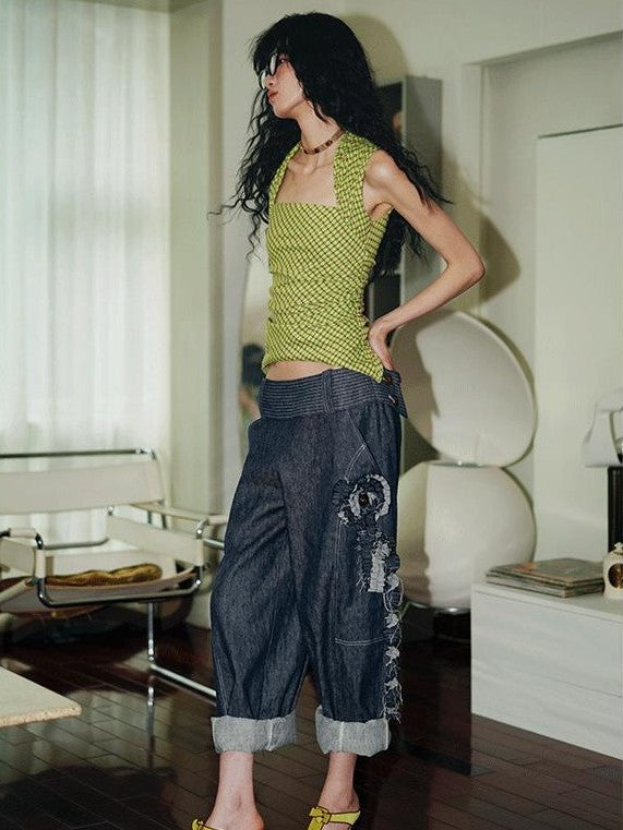badtaste Western Handcrafted Floral Embroidery Women's Cotton Linen Baggy Jeans