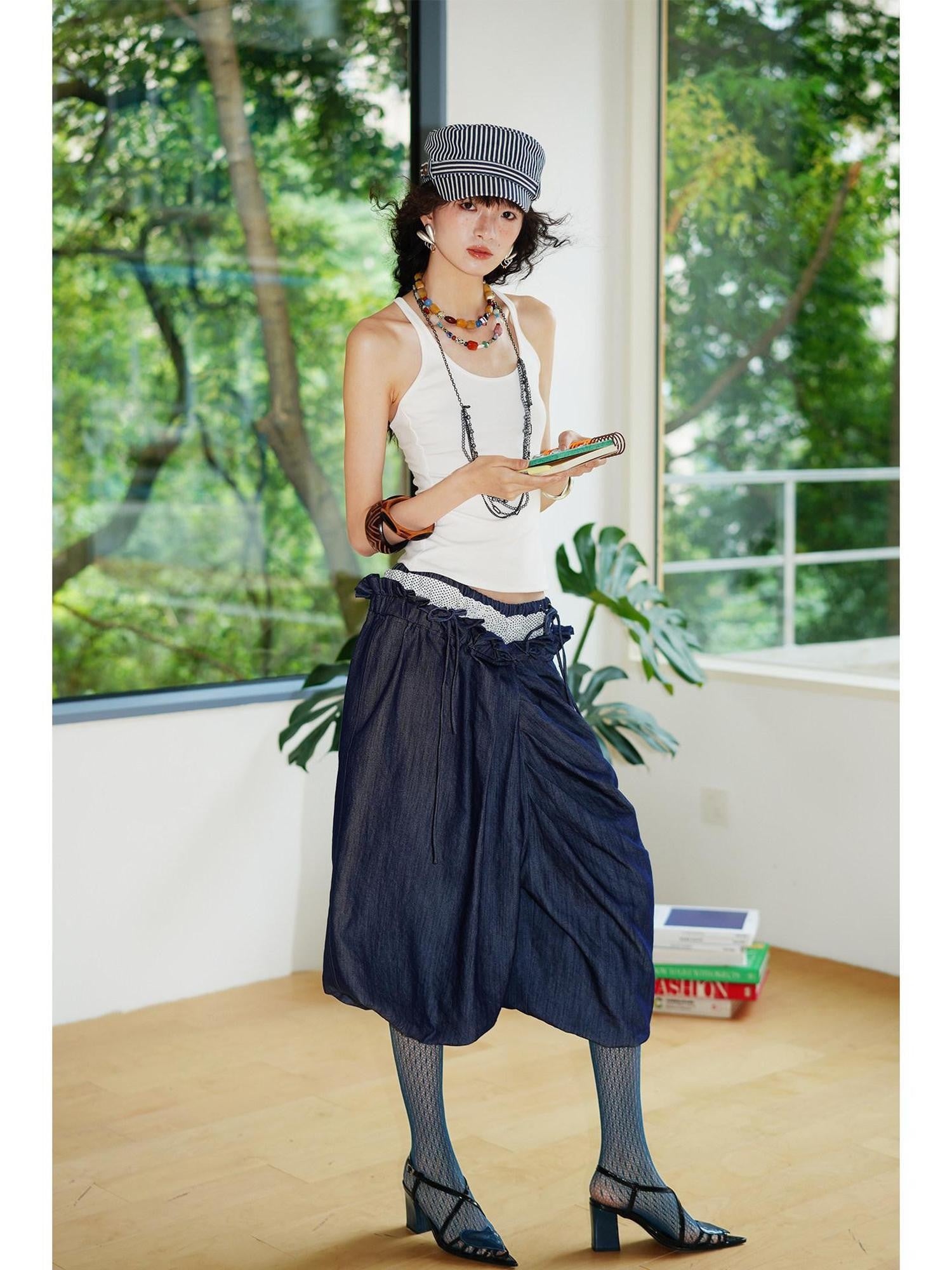 badtaste Western Heavy Patchwork Asymmetric Triple Waistband Women's Denim Wide-leg Pants