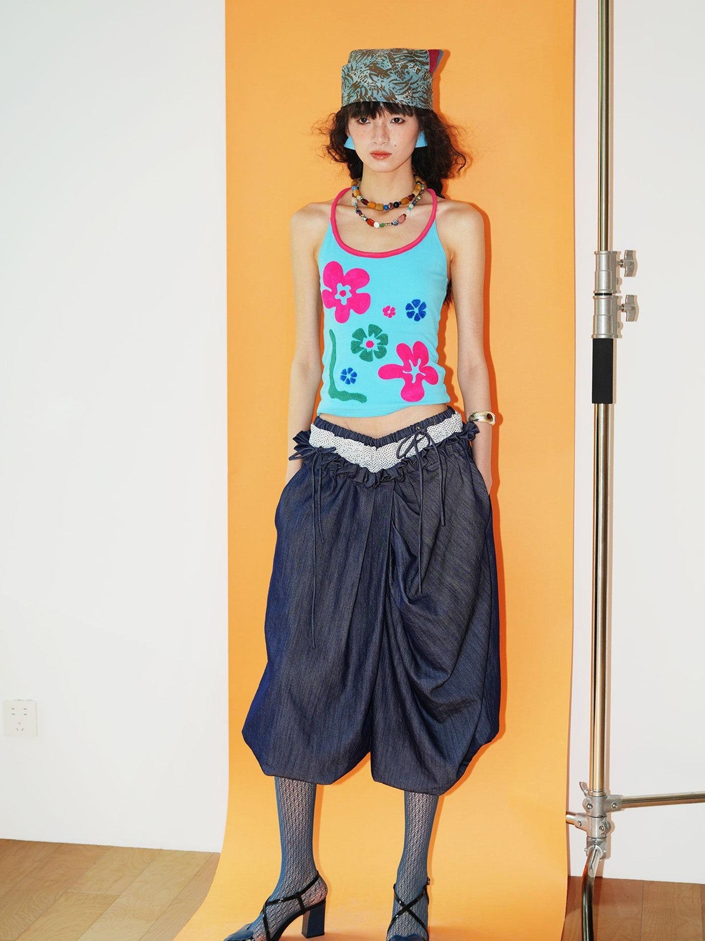 badtaste Western Heavy Patchwork Asymmetric Triple Waistband Women's Denim Wide-leg Pants
