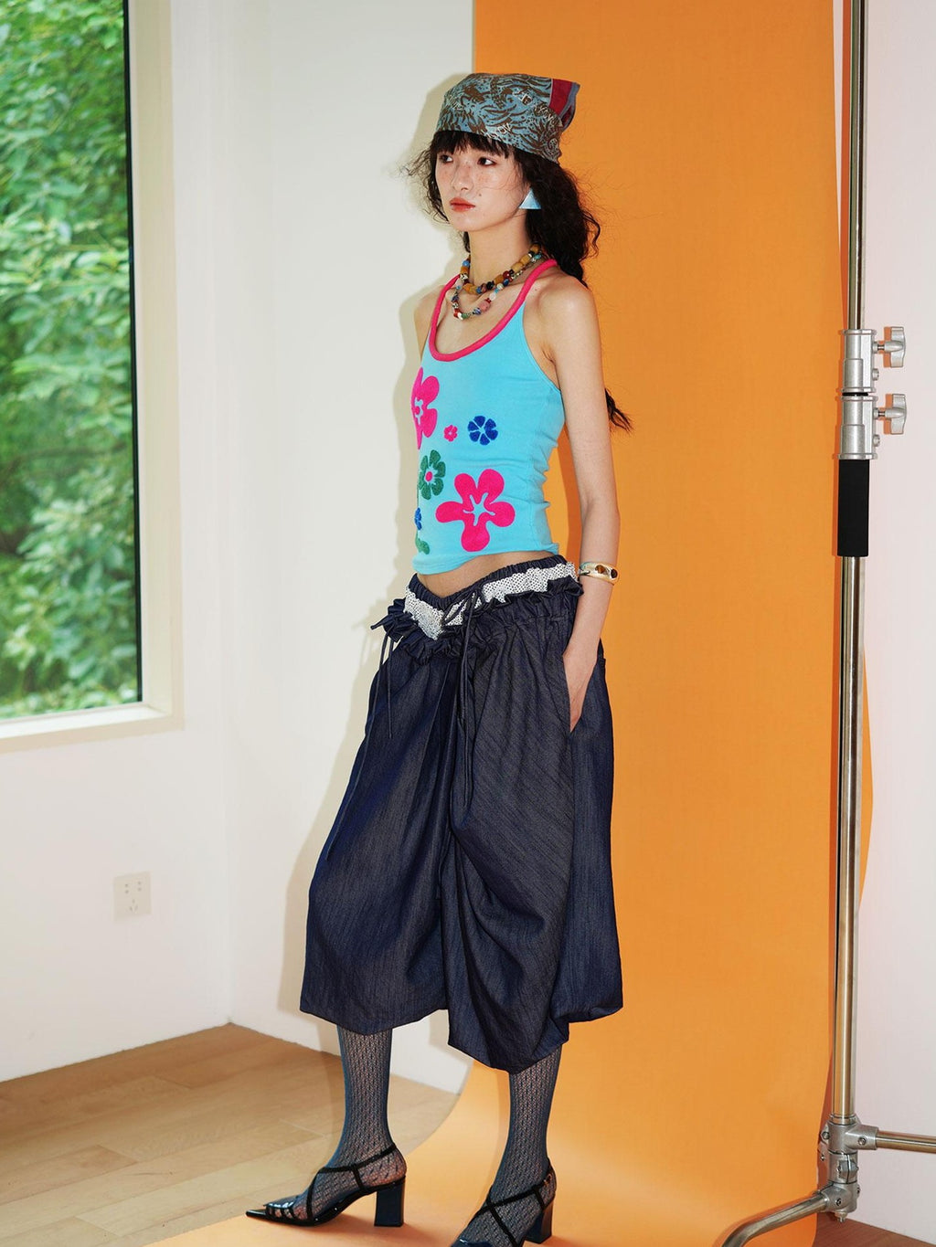 badtaste Western Heavy Patchwork Asymmetric Triple Waistband Women's Denim Wide-leg Pants