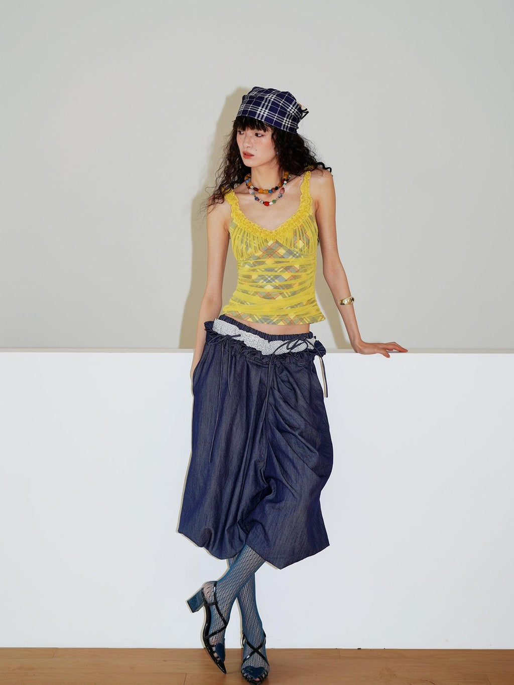 badtaste Western Heavy Patchwork Asymmetric Triple Waistband Women's Denim Wide-leg Pants