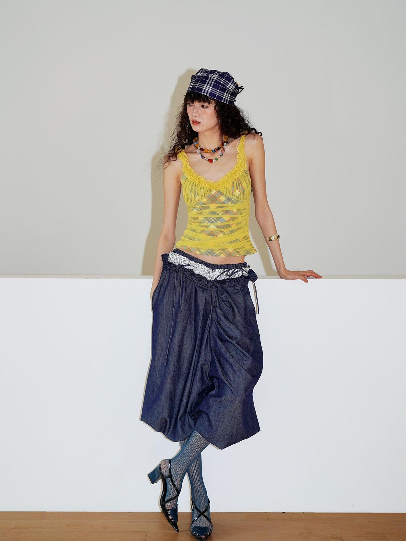 badtaste Western Heavy Patchwork Asymmetric Triple Waistband Women's Denim Wide-leg Pants