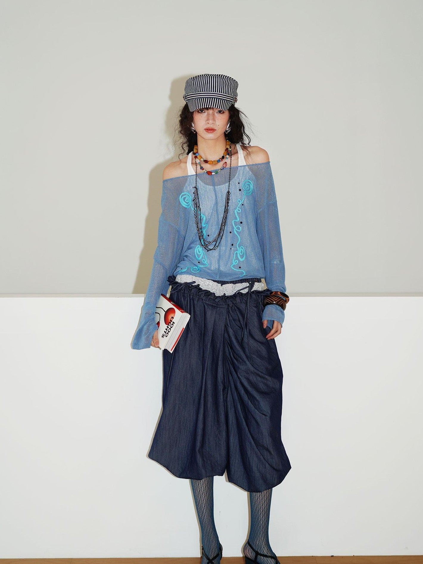 badtaste Western Heavy Patchwork Asymmetric Triple Waistband Women's Denim Wide-leg Pants