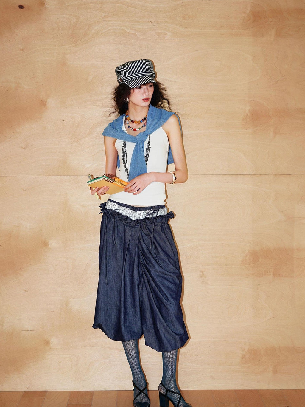badtaste Western Heavy Patchwork Asymmetric Triple Waistband Women's Denim Wide-leg Pants