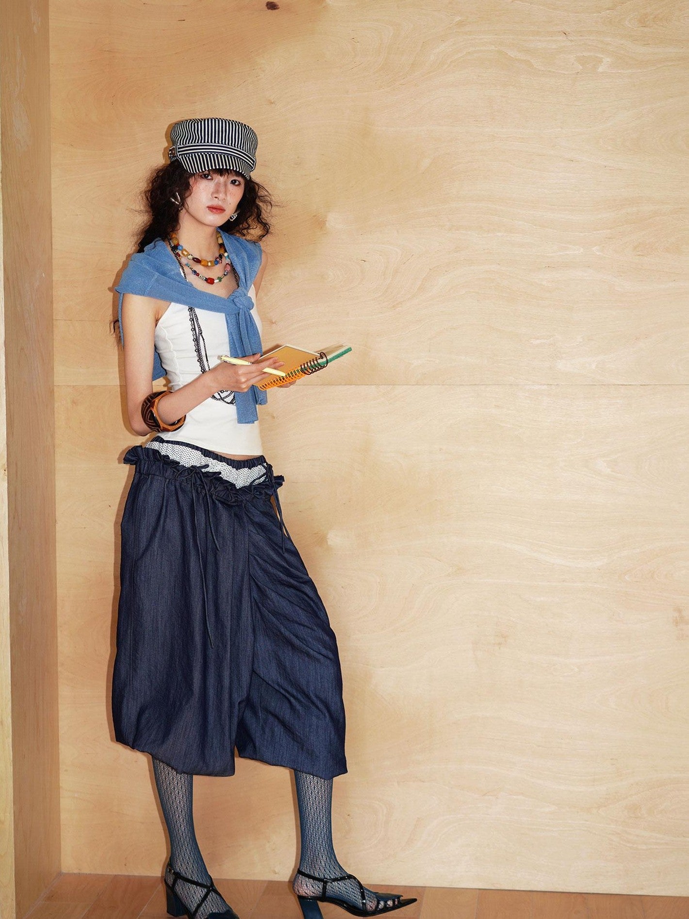 badtaste Western Heavy Patchwork Asymmetric Triple Waistband Women's Denim Wide-leg Pants