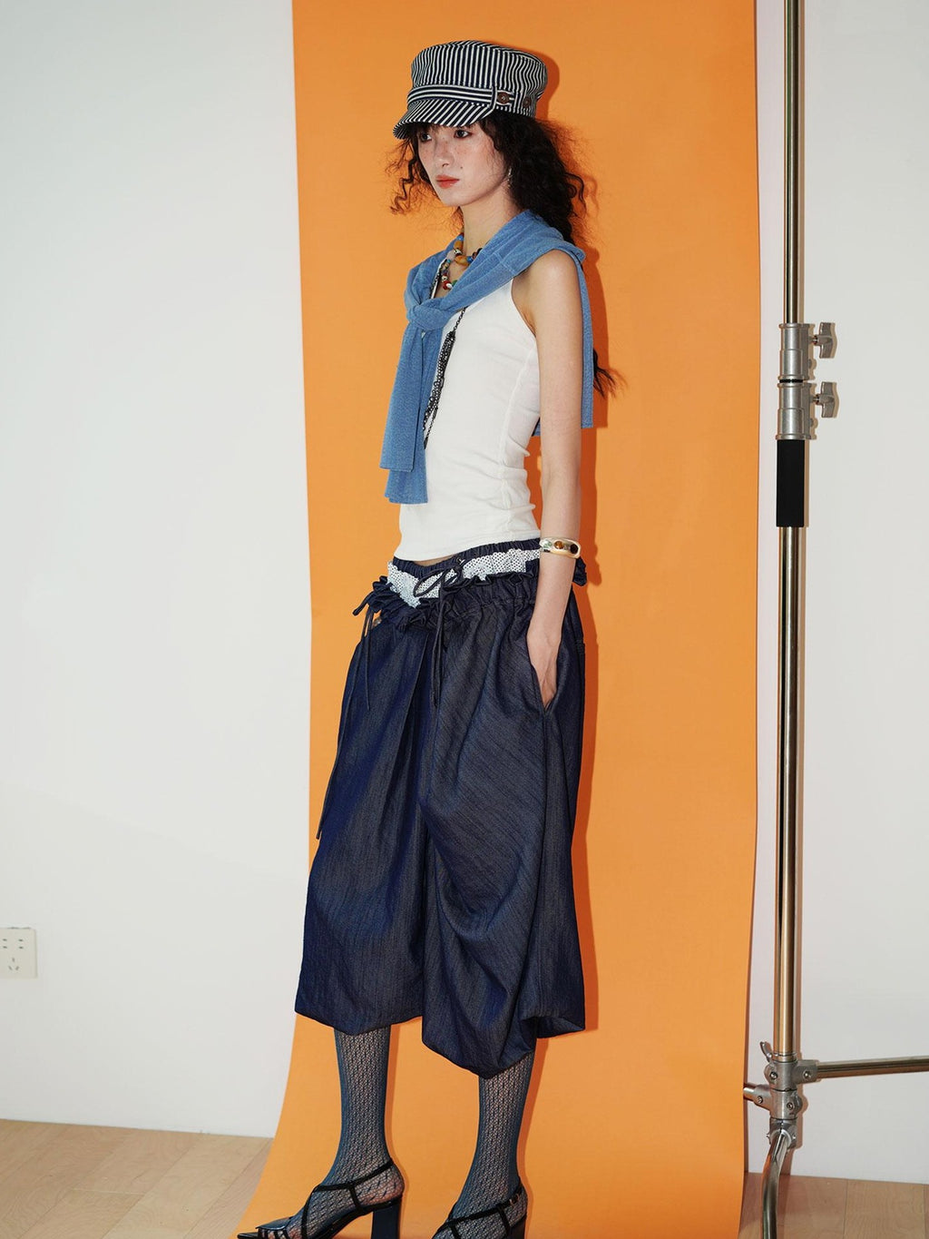 badtaste Western Heavy Patchwork Asymmetric Triple Waistband Women's Denim Wide-leg Pants