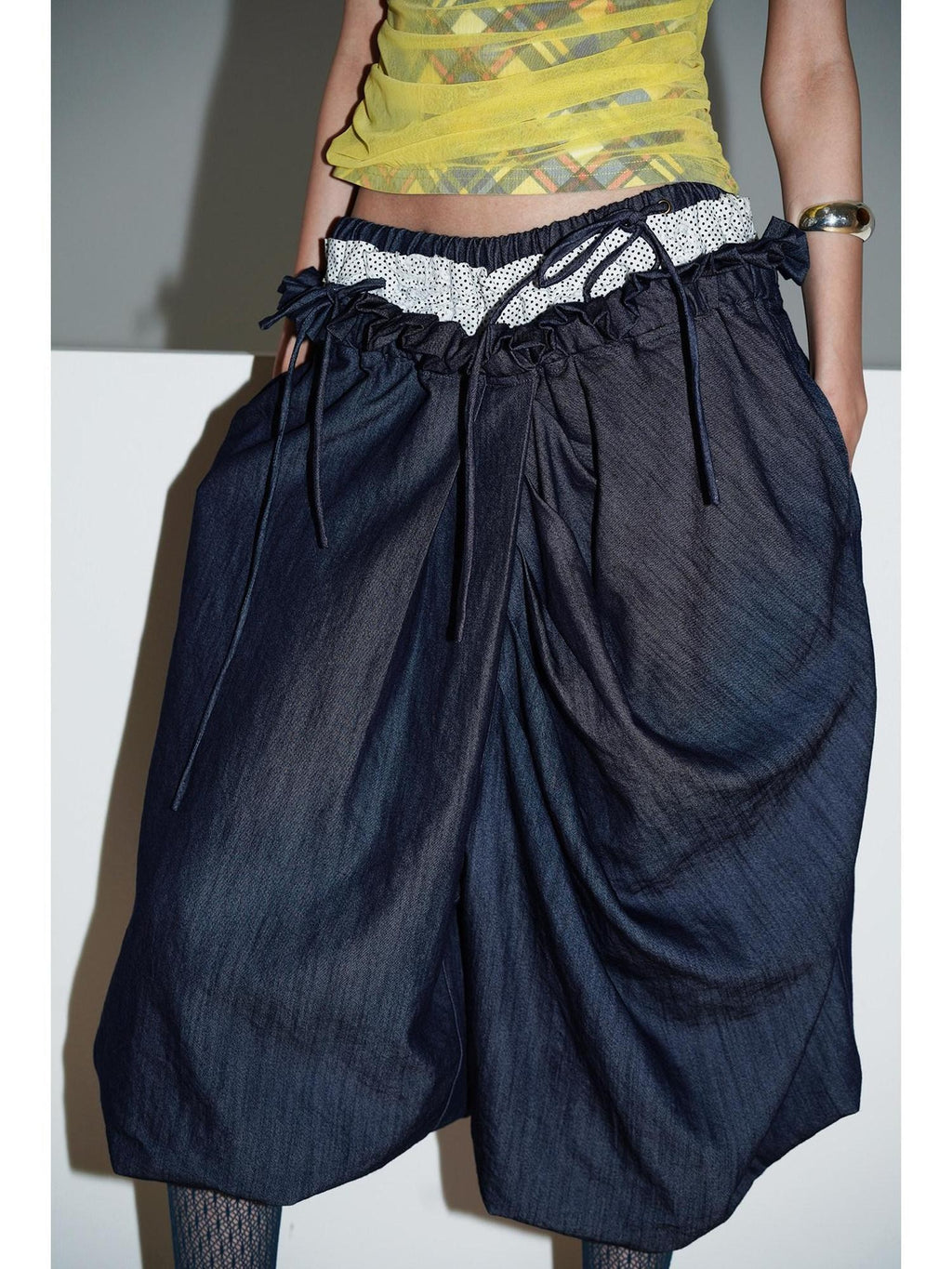 badtaste Western Heavy Patchwork Asymmetric Triple Waistband Women's Denim Wide-leg Pants
