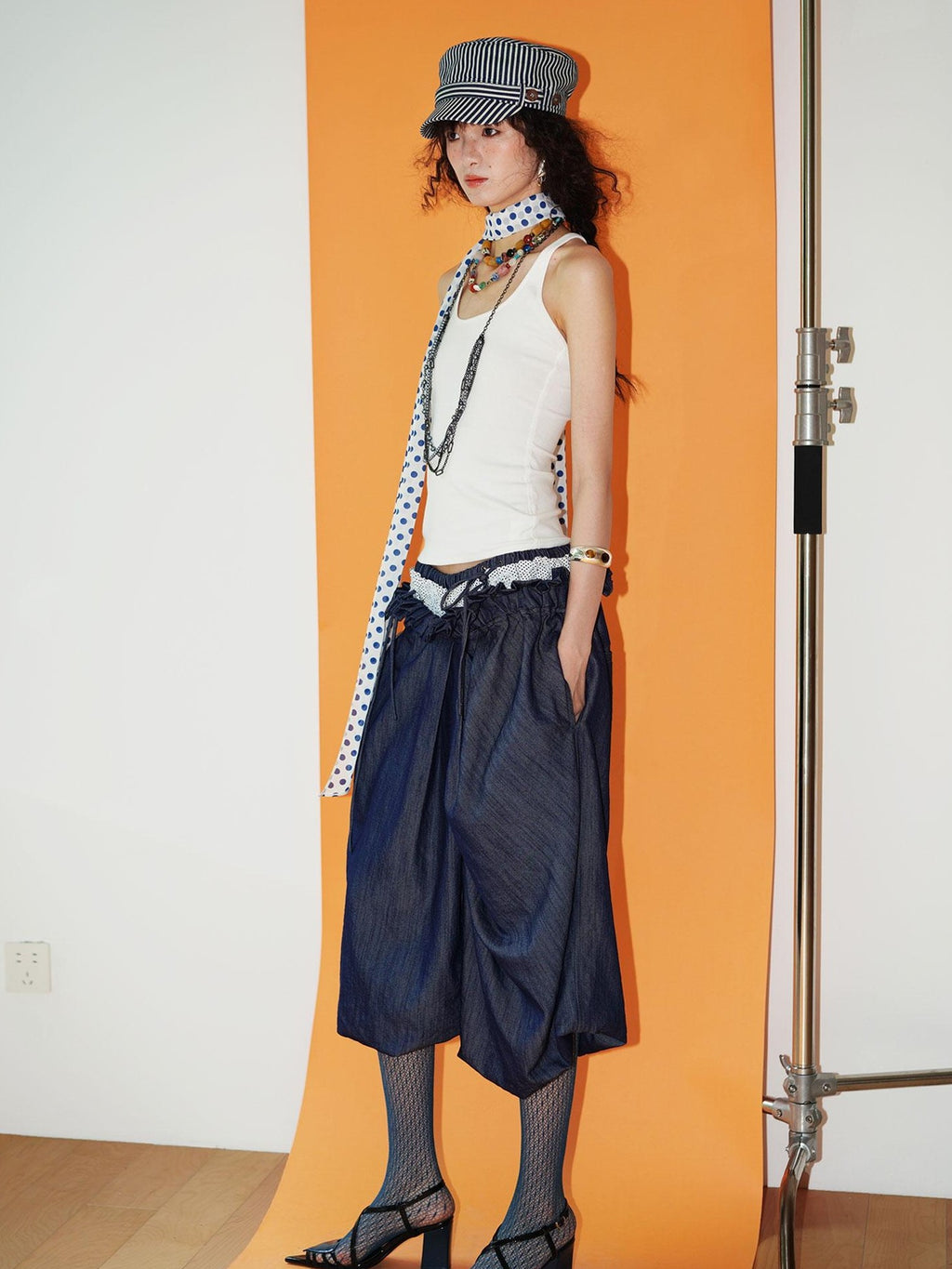 badtaste Western Heavy Patchwork Asymmetric Triple Waistband Women's Denim Wide-leg Pants