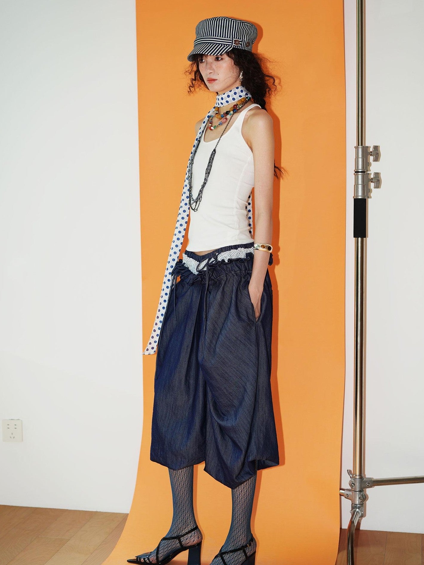 badtaste Western Heavy Patchwork Asymmetric Triple Waistband Women's Denim Wide-leg Pants