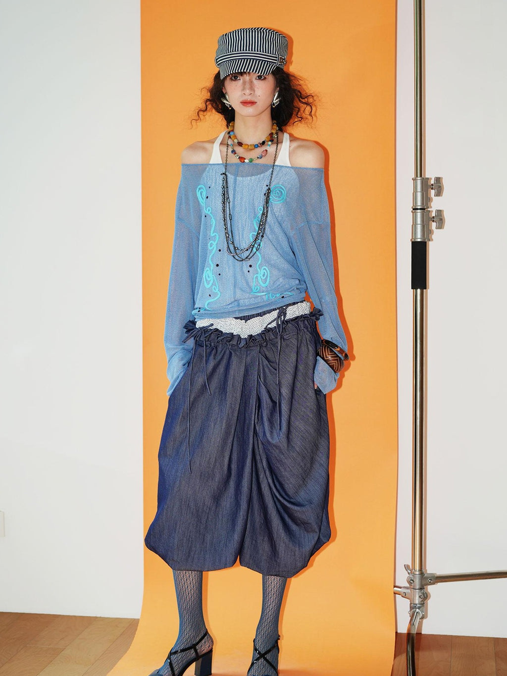 badtaste Western Heavy Patchwork Asymmetric Triple Waistband Women's Denim Wide-leg Pants