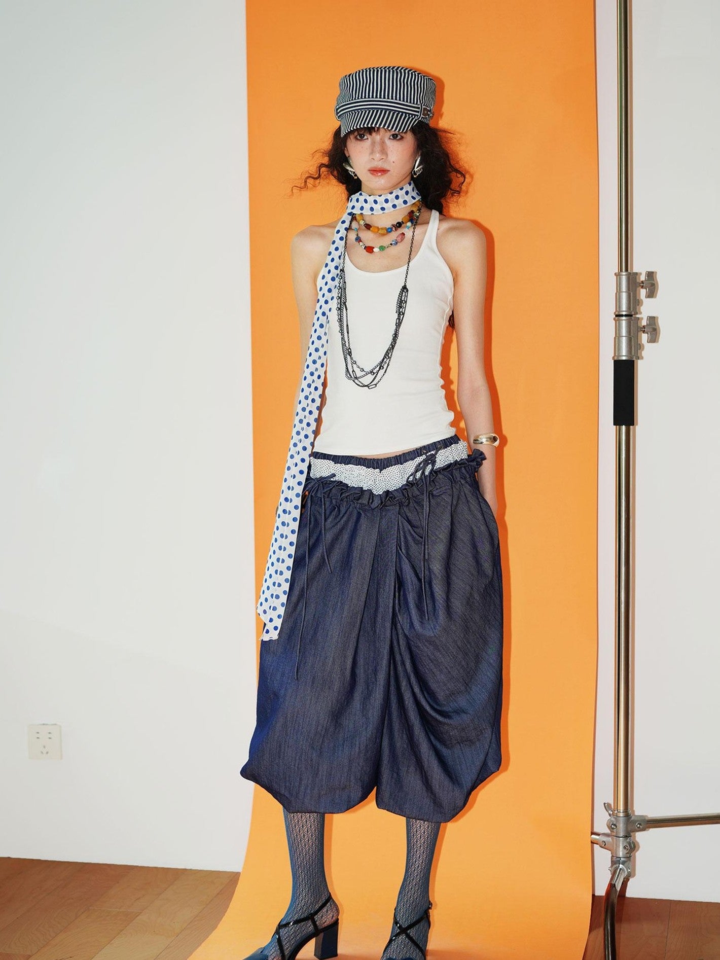 badtaste Western Heavy Patchwork Asymmetric Triple Waistband Women's Denim Wide-leg Pants