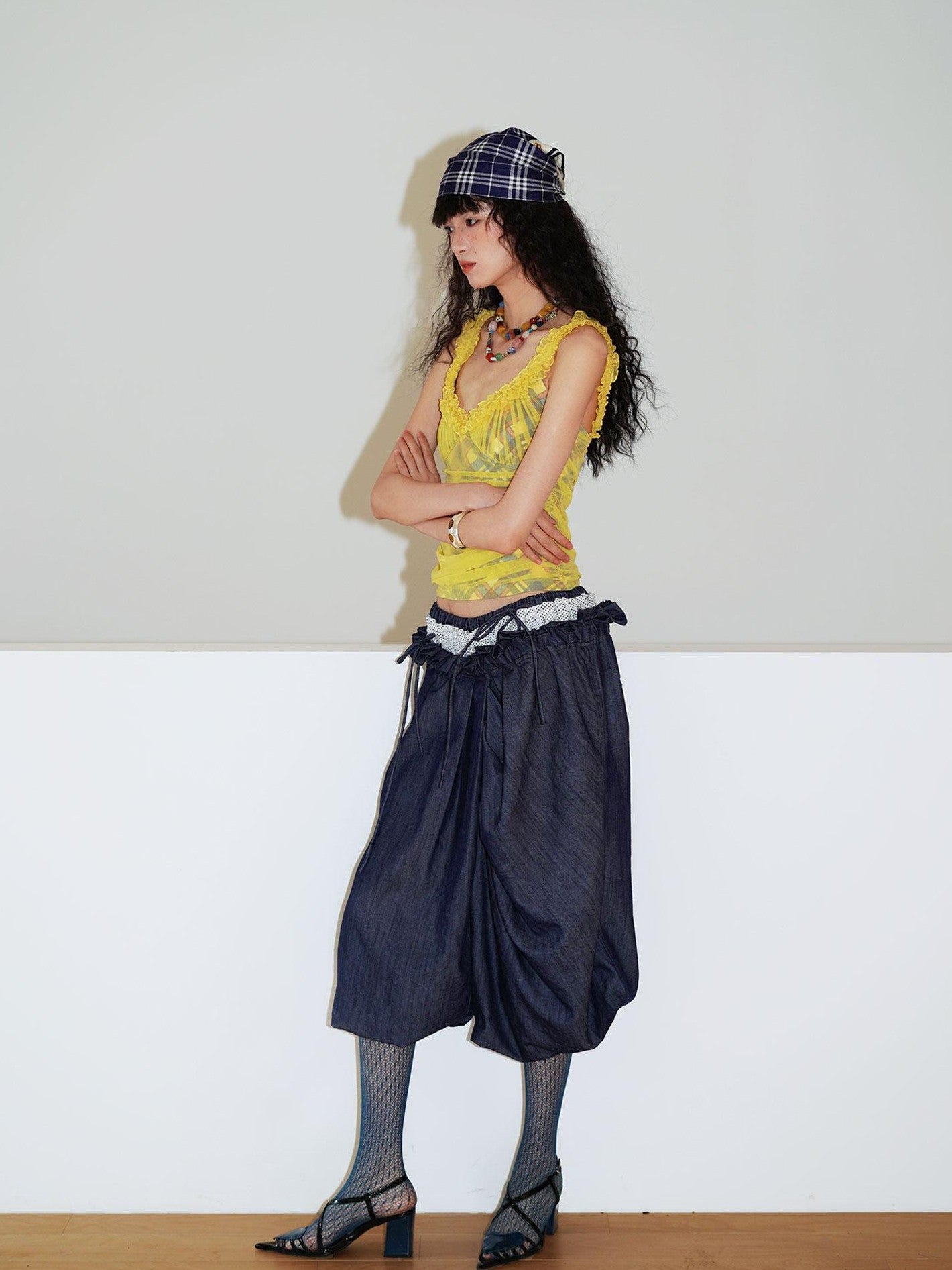 badtaste Western Heavy Patchwork Asymmetric Triple Waistband Women's Denim Wide-leg Pants