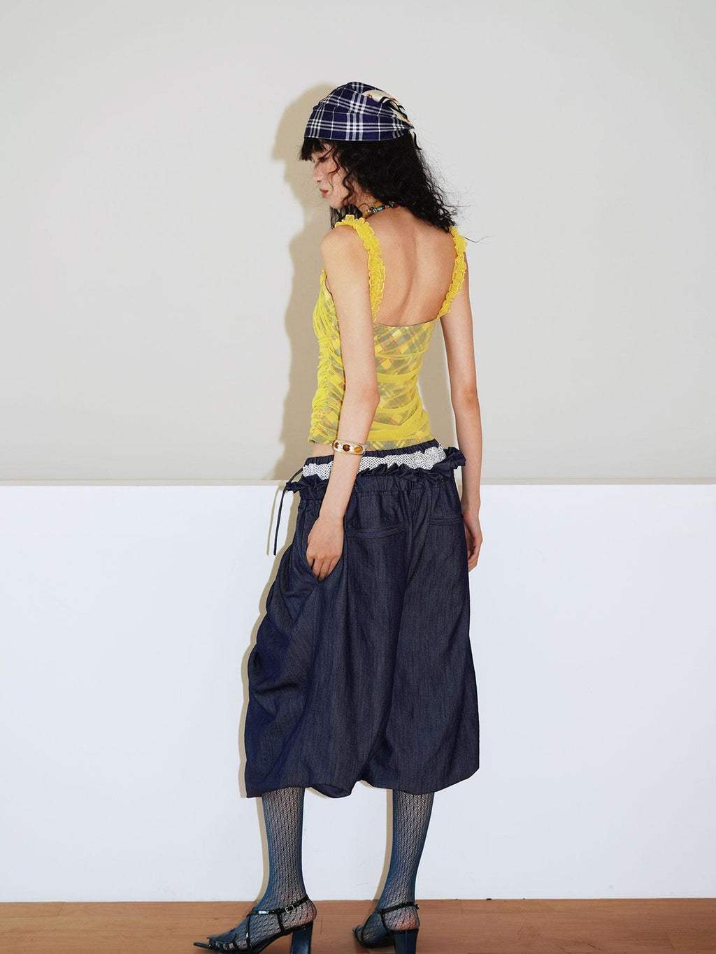 badtaste Western Heavy Patchwork Asymmetric Triple Waistband Women's Denim Wide-leg Pants