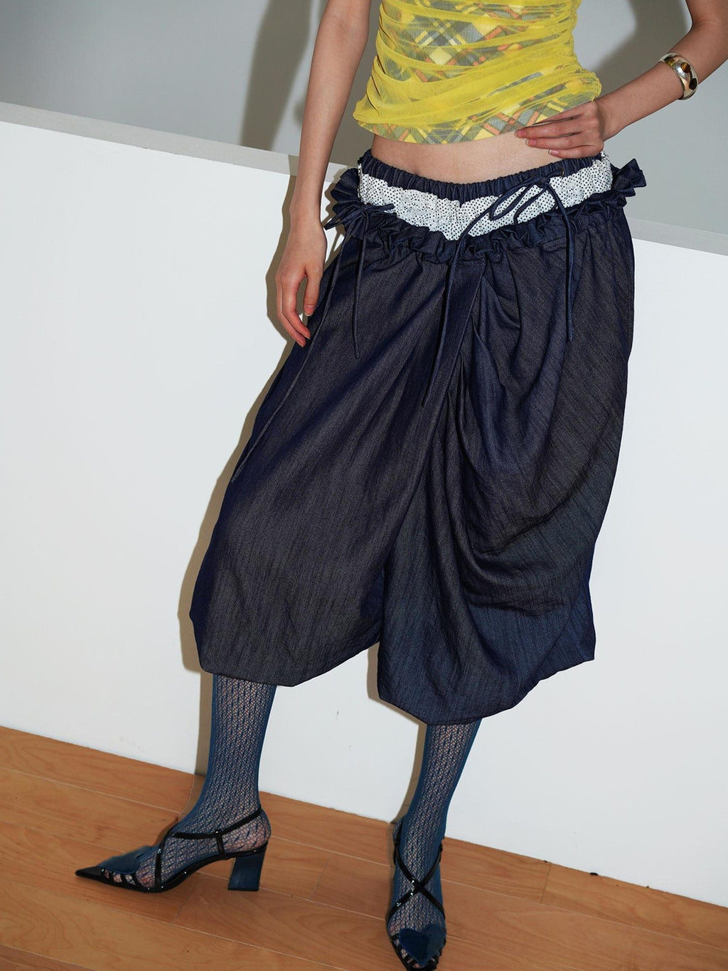 badtaste Western Heavy Patchwork Asymmetric Triple Waistband Women's Denim Wide-leg Pants