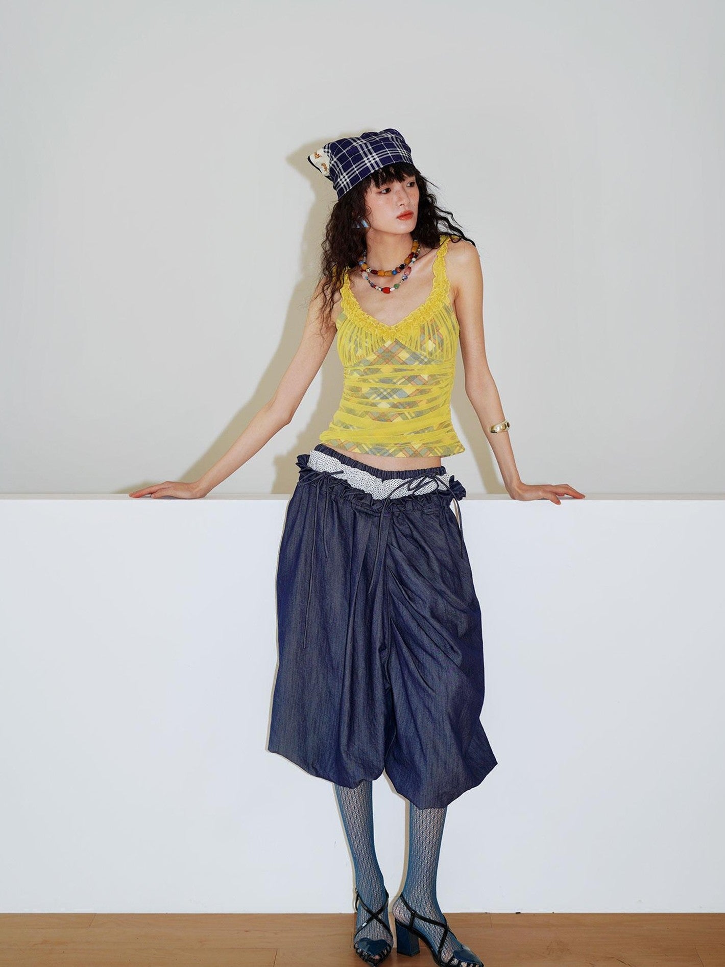 badtaste Western Heavy Patchwork Asymmetric Triple Waistband Women's Denim Wide-leg Pants